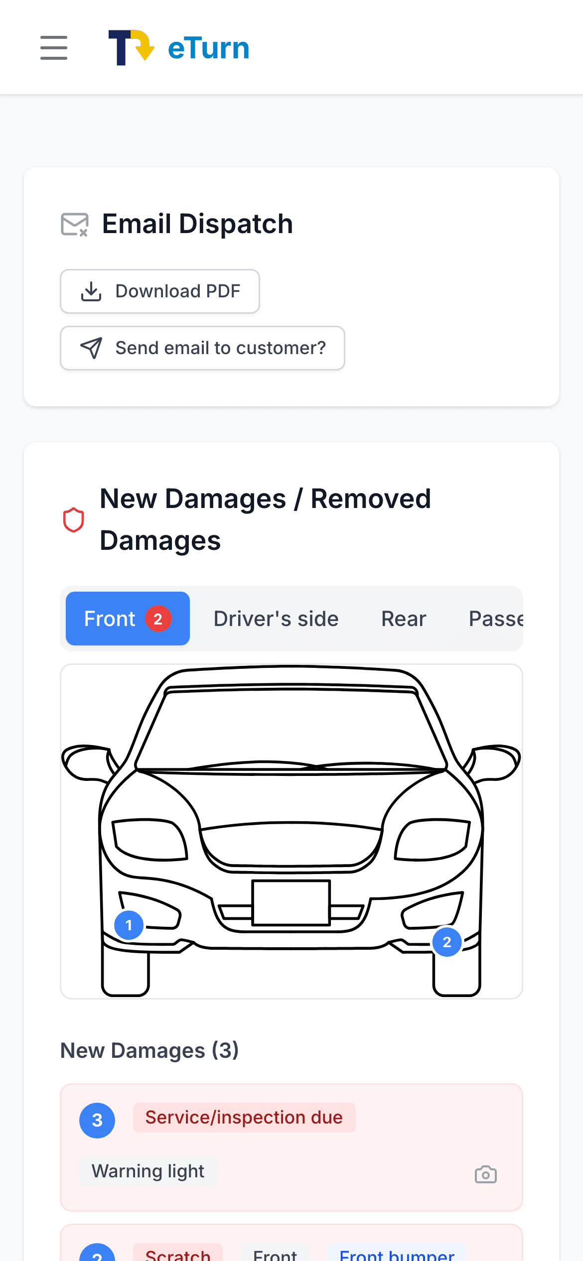 Check-in in eTurn on a phone: protocol by email and new damage on the vehicle sketch