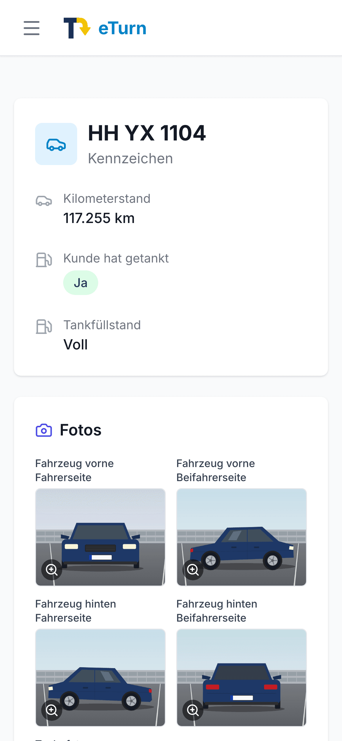 Check-in in eTurn auf dem Handy: Kennzeichen, Kilometerstand, Tankfüllstand und Fotos des Fahrzeugs