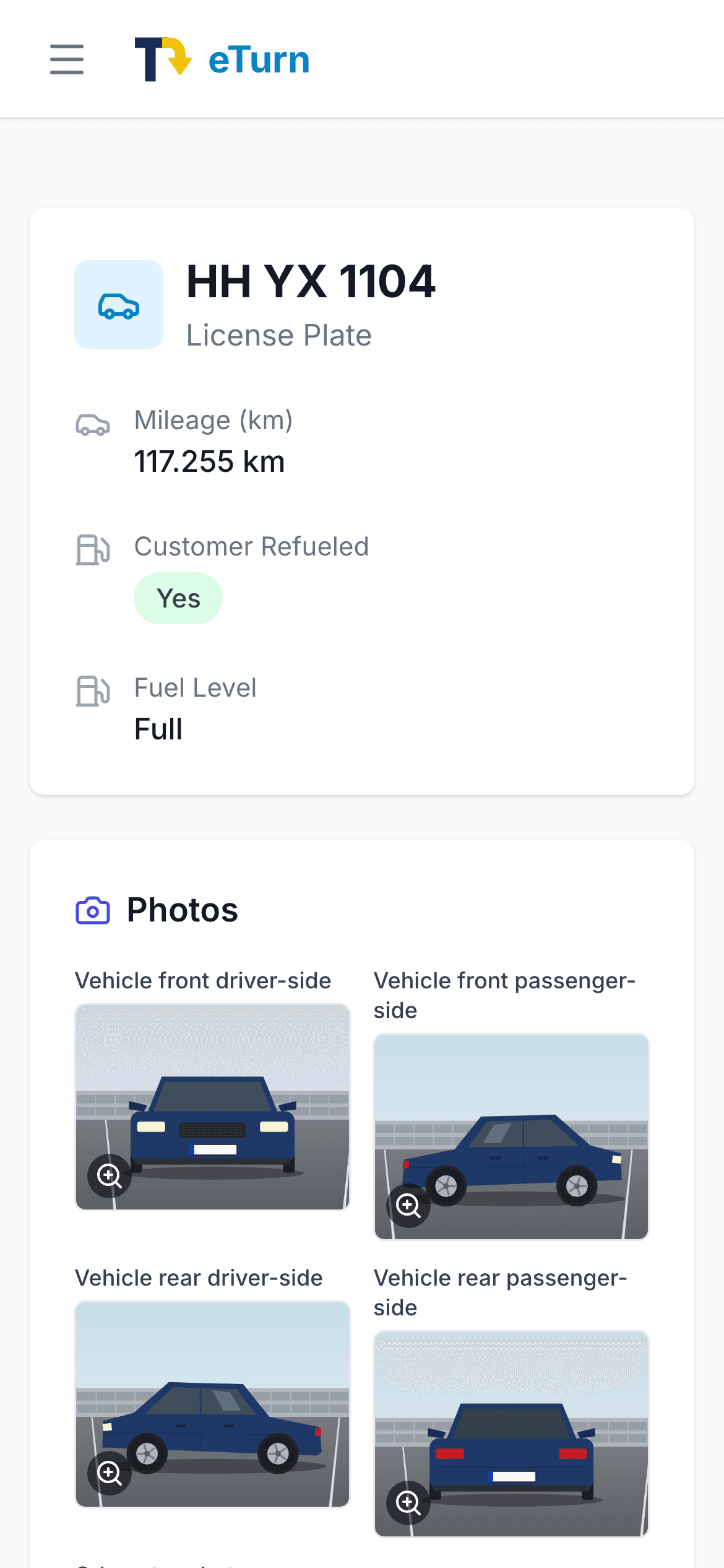Check-in in eTurn on a phone: number plate, mileage, fuel level and photos of the vehicle