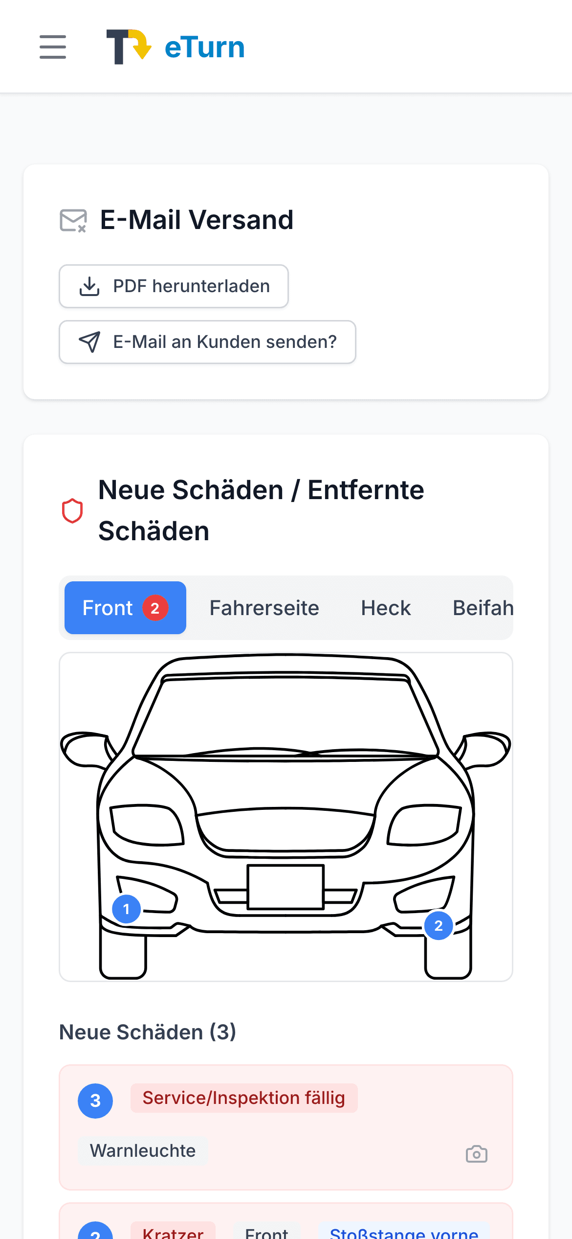 Check-in in eTurn auf dem Handy: Protokoll per E-Mail und neue Schäden auf der Fahrzeugskizze