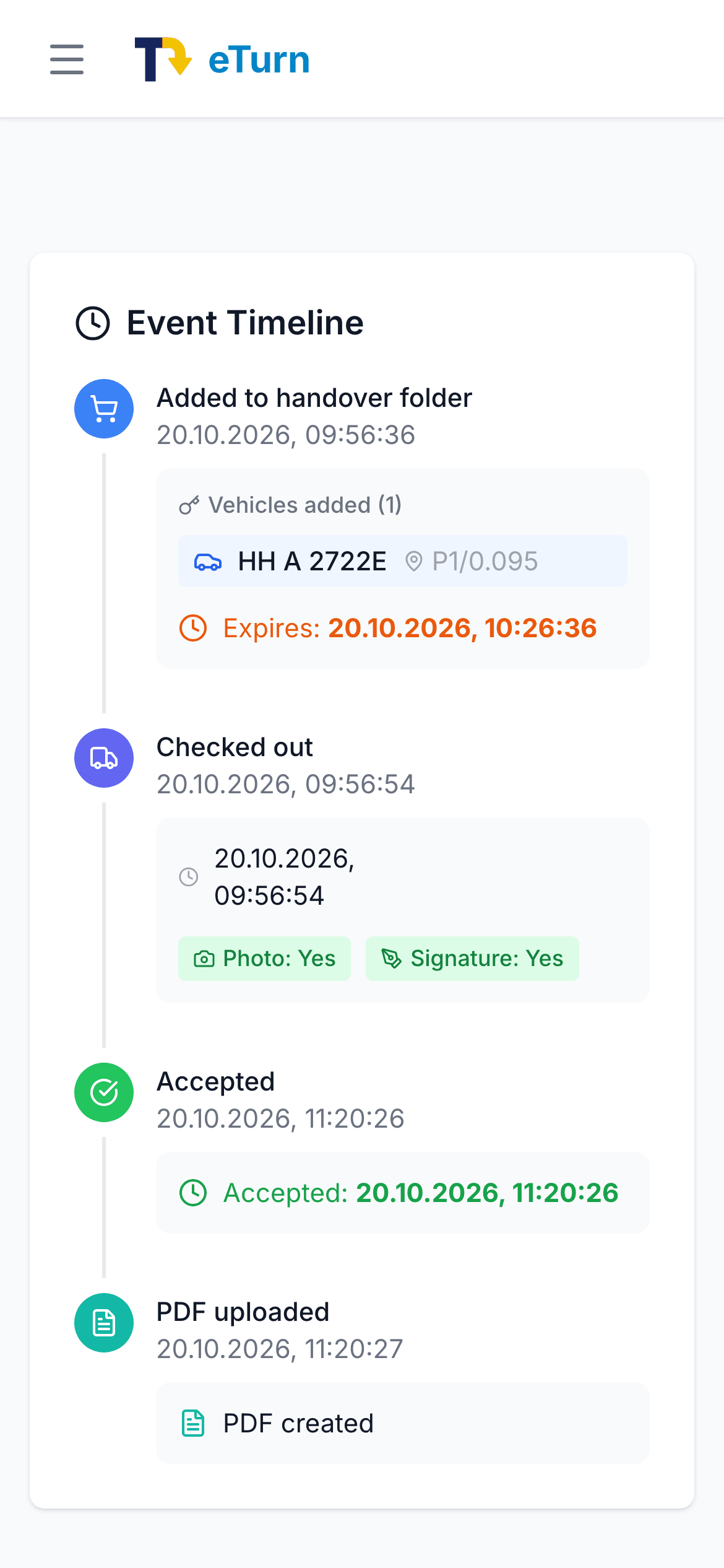 Event log of a key handover in eTurn: handover folder, handover with photo and signature, acceptance and PDF
