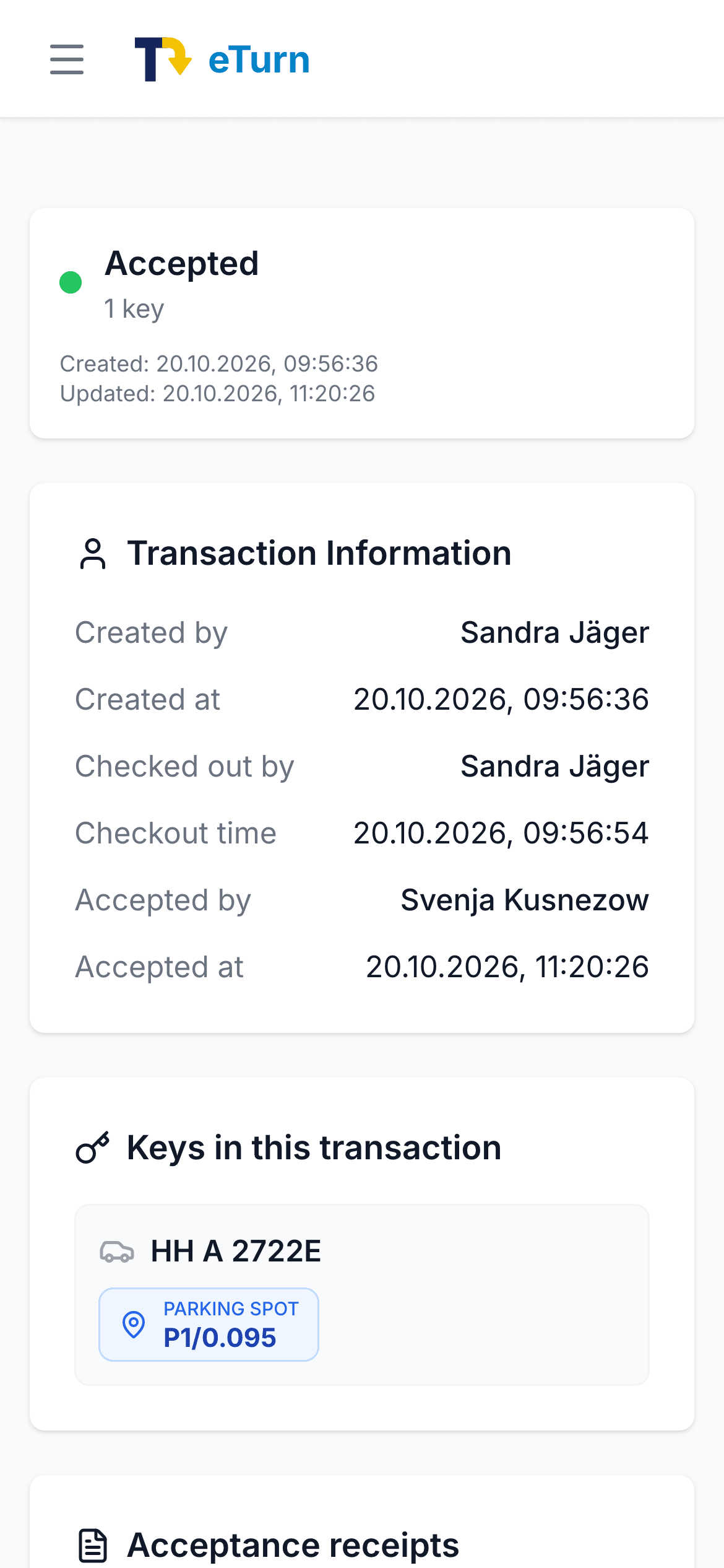 Key handover in eTurn on a phone: accepted, with time and person for handover and acceptance
