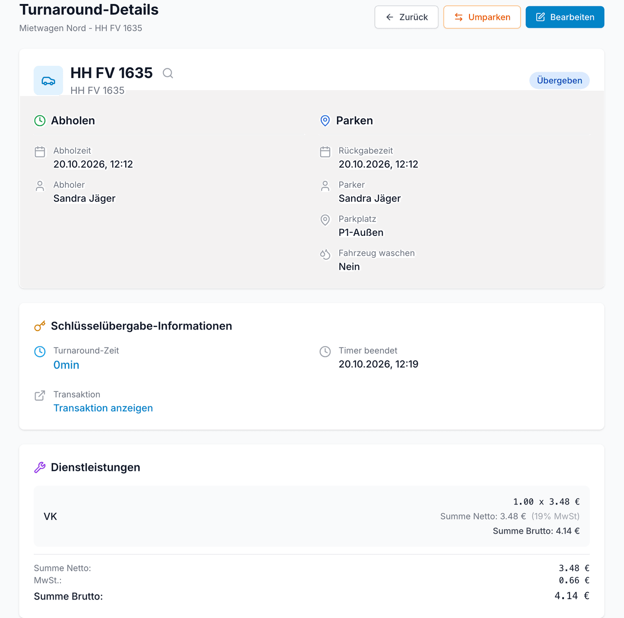 Turnaround-Details in eTurn: Abholung, Parken, Schlüsselübergabe und erbrachte Leistungen