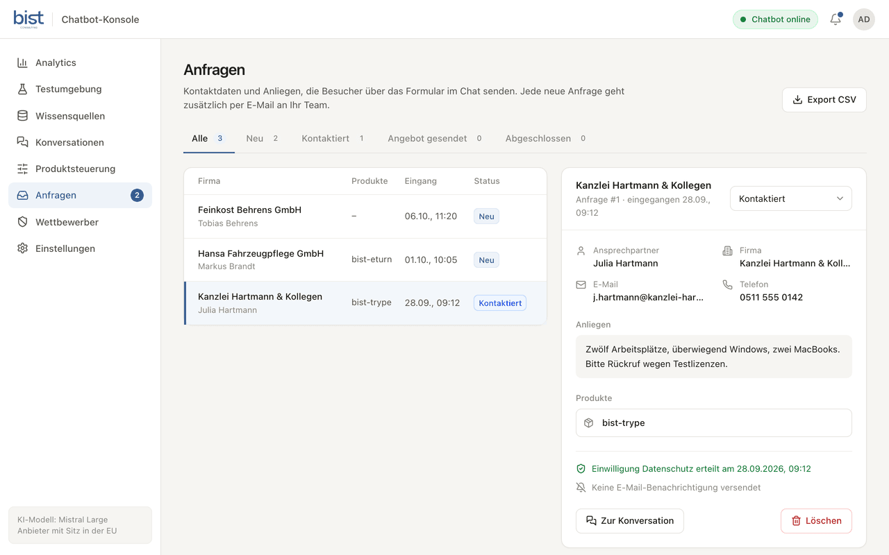 Anfragen in der Konsole: drei Anfragen aus dem Chat mit Status, die Anfrage einer Kanzlei zu Trype geöffnet