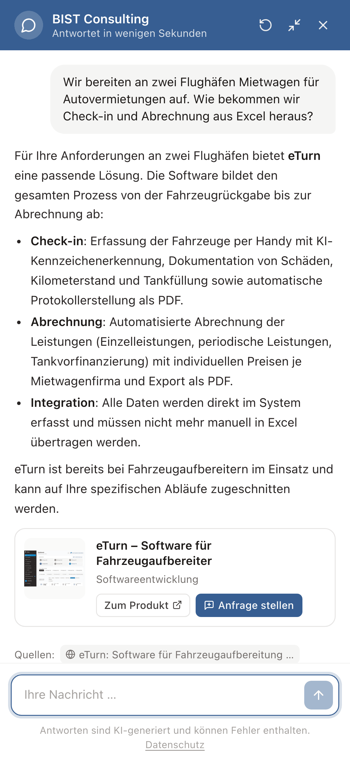 Antwort von SOPHAI auf dem Handy: eTurn für einen Fahrzeugaufbereiter, mit Produktkarte und Quelle