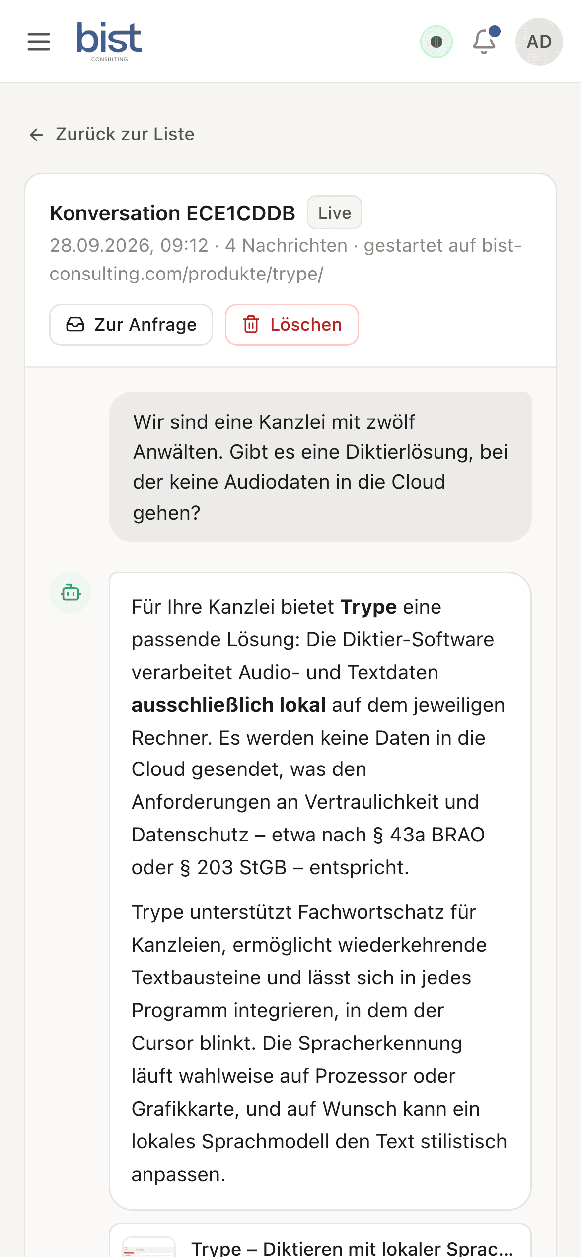 Konversation in der Konsole auf dem Handy: die Frage einer Kanzlei nach Diktieren ohne Cloud und die Antwort