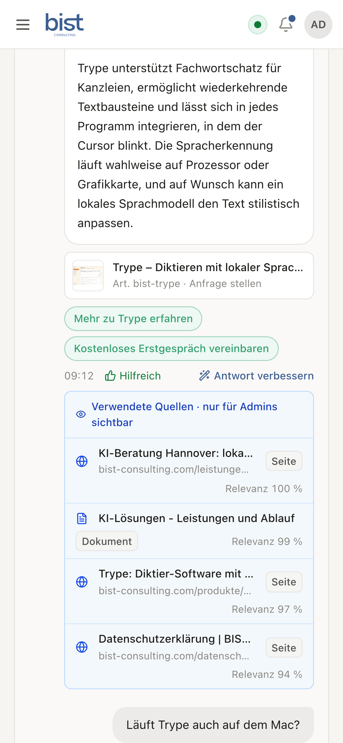 Dieselbe Konversation weiter unten: Produktkarte Trype, Bewertung „Hilfreich“ und vier Quellen mit Relevanz