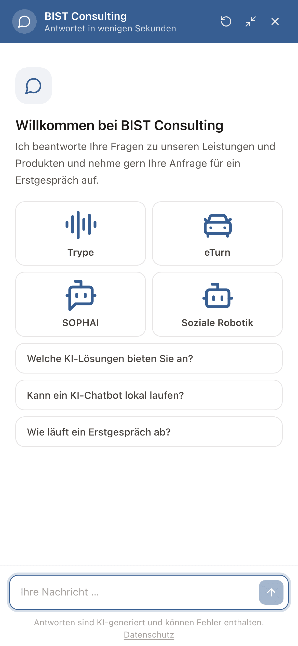 Begrüßung in SOPHAI auf dem Handy: Kacheln für Trype, eTurn, SOPHAI und Soziale Robotik, darunter Starter-Fragen